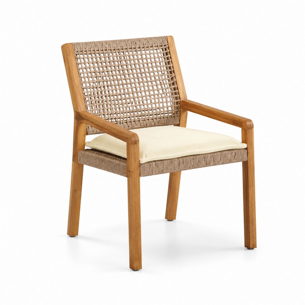 Silla de madera y cuerda con cojín beige 55x55x85 cm