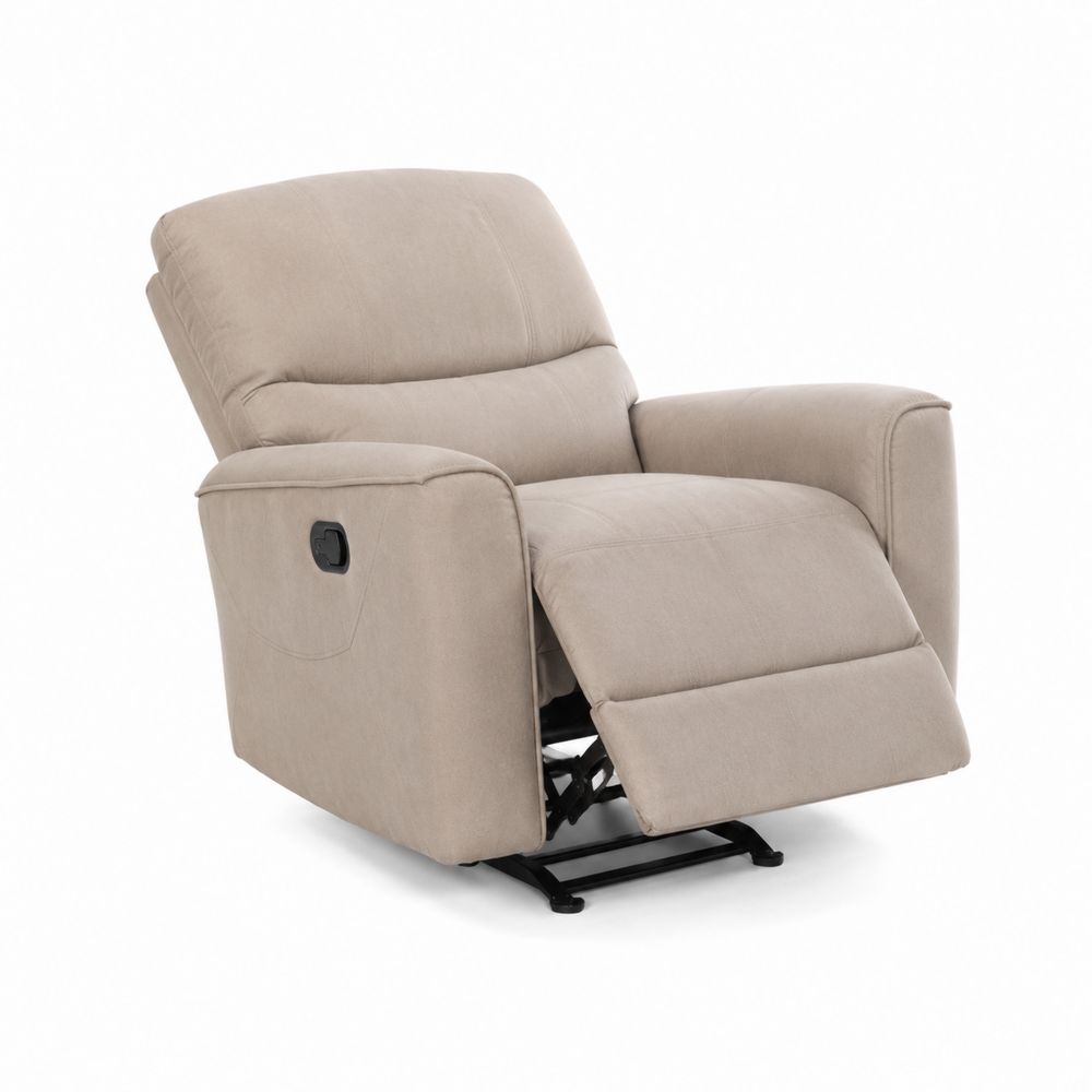 Sillón reclinable de tela beige con estructura de acero