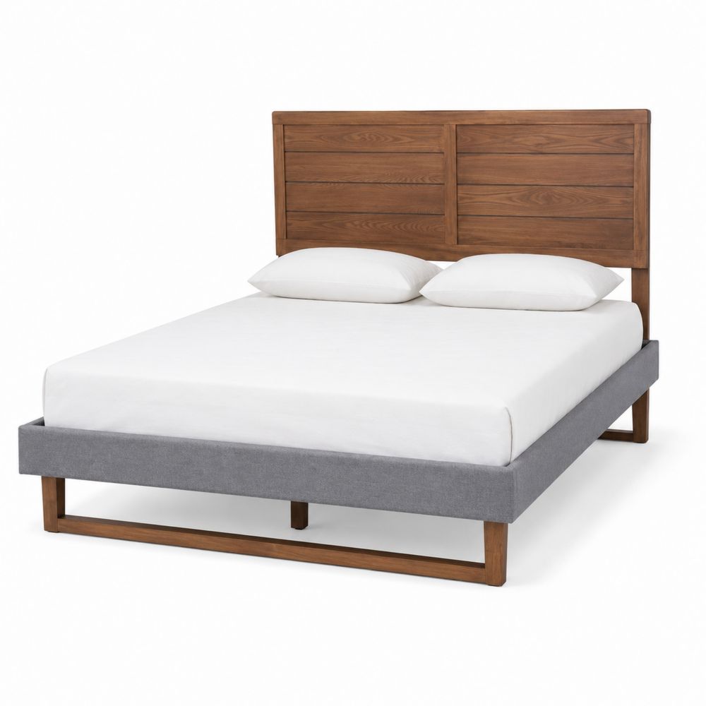 Cama doble de madera de nogal con tapizado gris