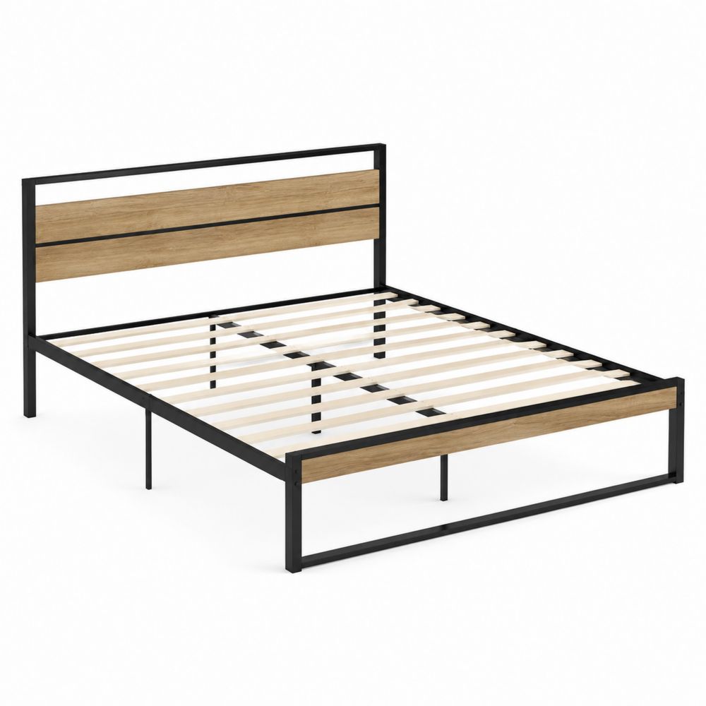 Cama doble de metal y madera Negro y Roble 200x150 cm