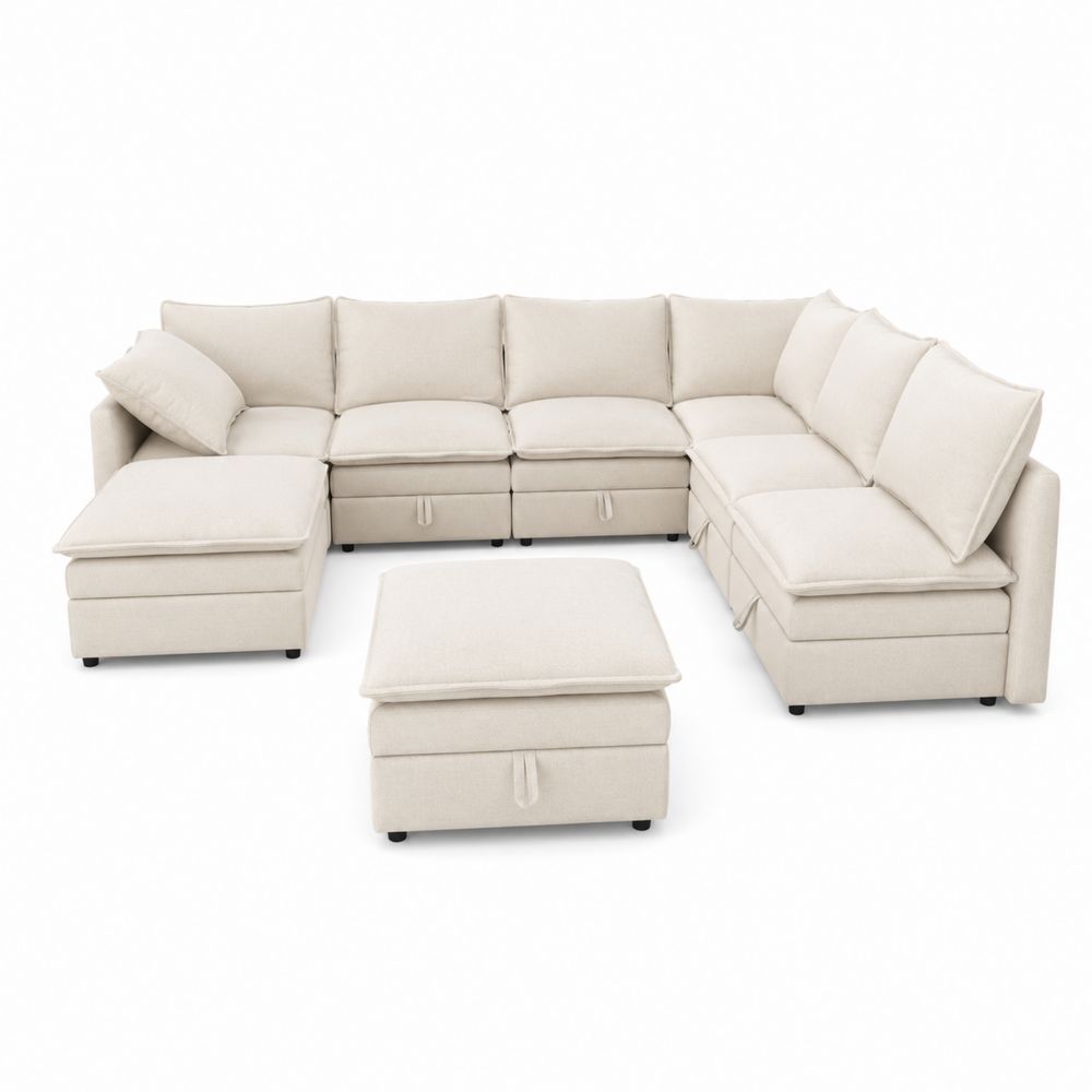 Sofá modular en forma de L de tela beige con otomana