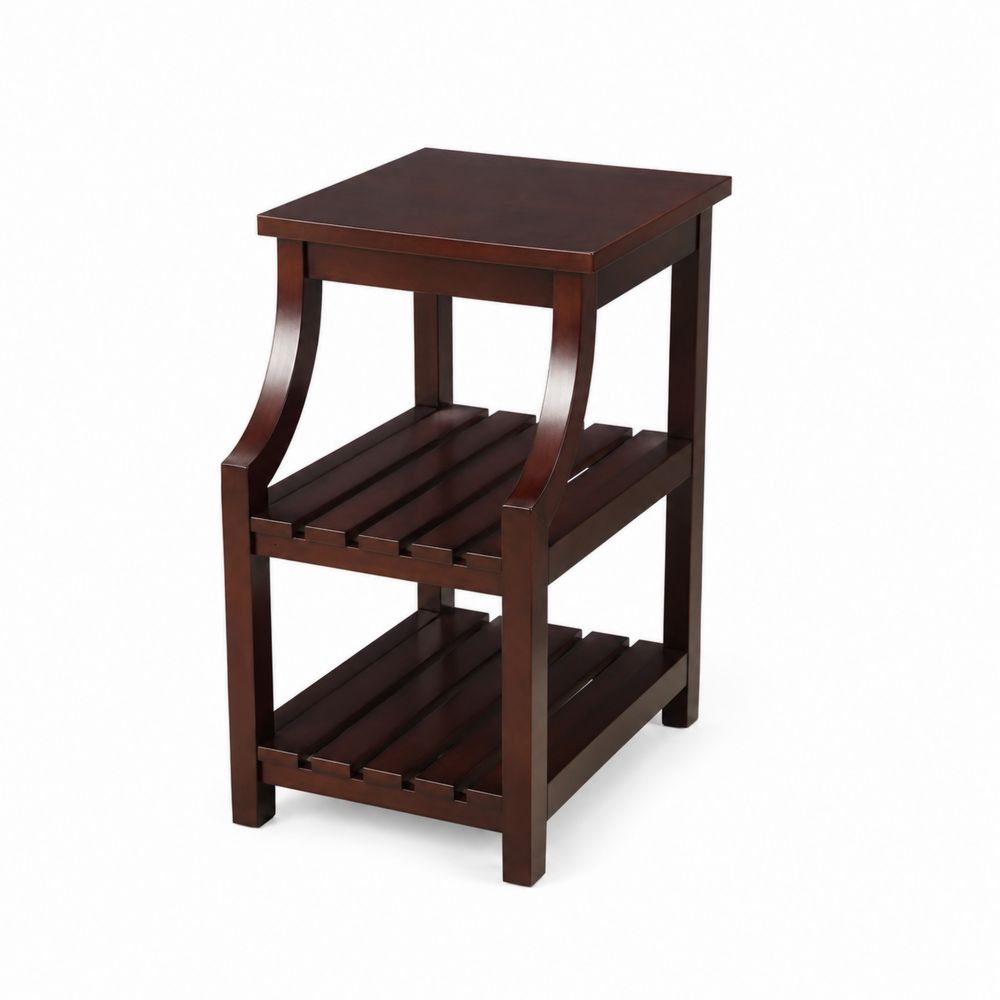 Mesa auxiliar de madera oscura con dos niveles 50x35x30 cm