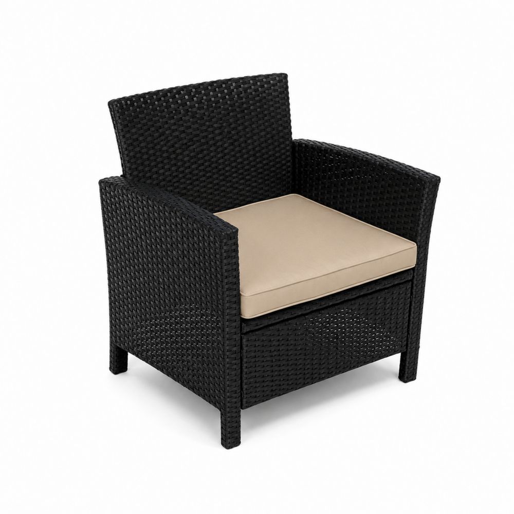 Sillón de mimbre sintético negro con cojín beige
