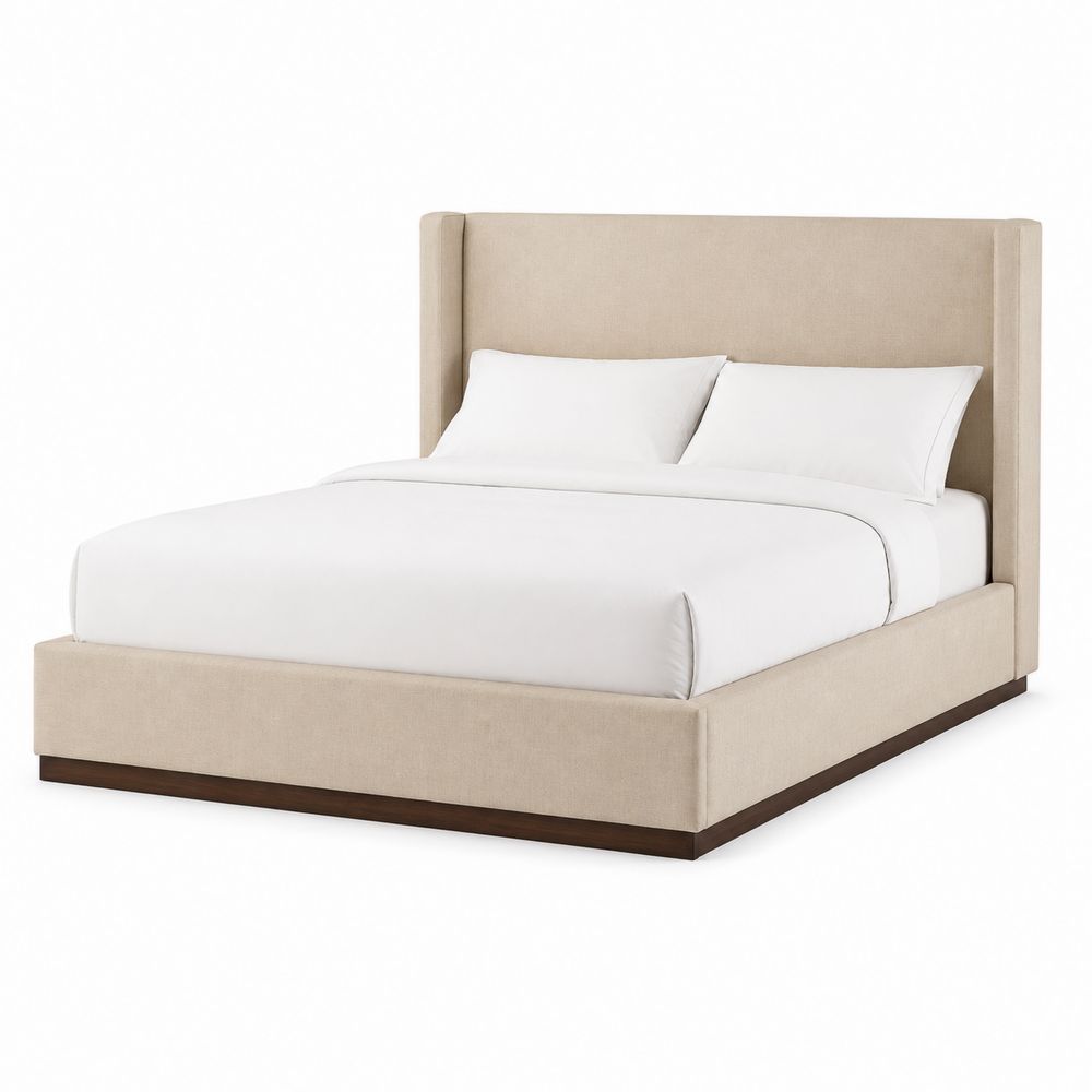 Cama tapizada con cabecero alto de madera y algodón beige 200x160 cm
