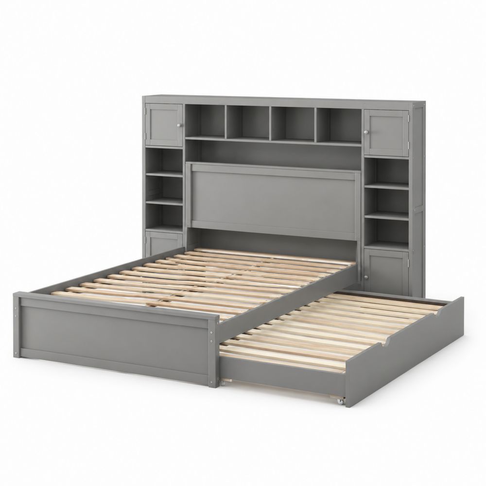 Cama de Madera con Cabecero y Almacenamiento Integrado, Gris