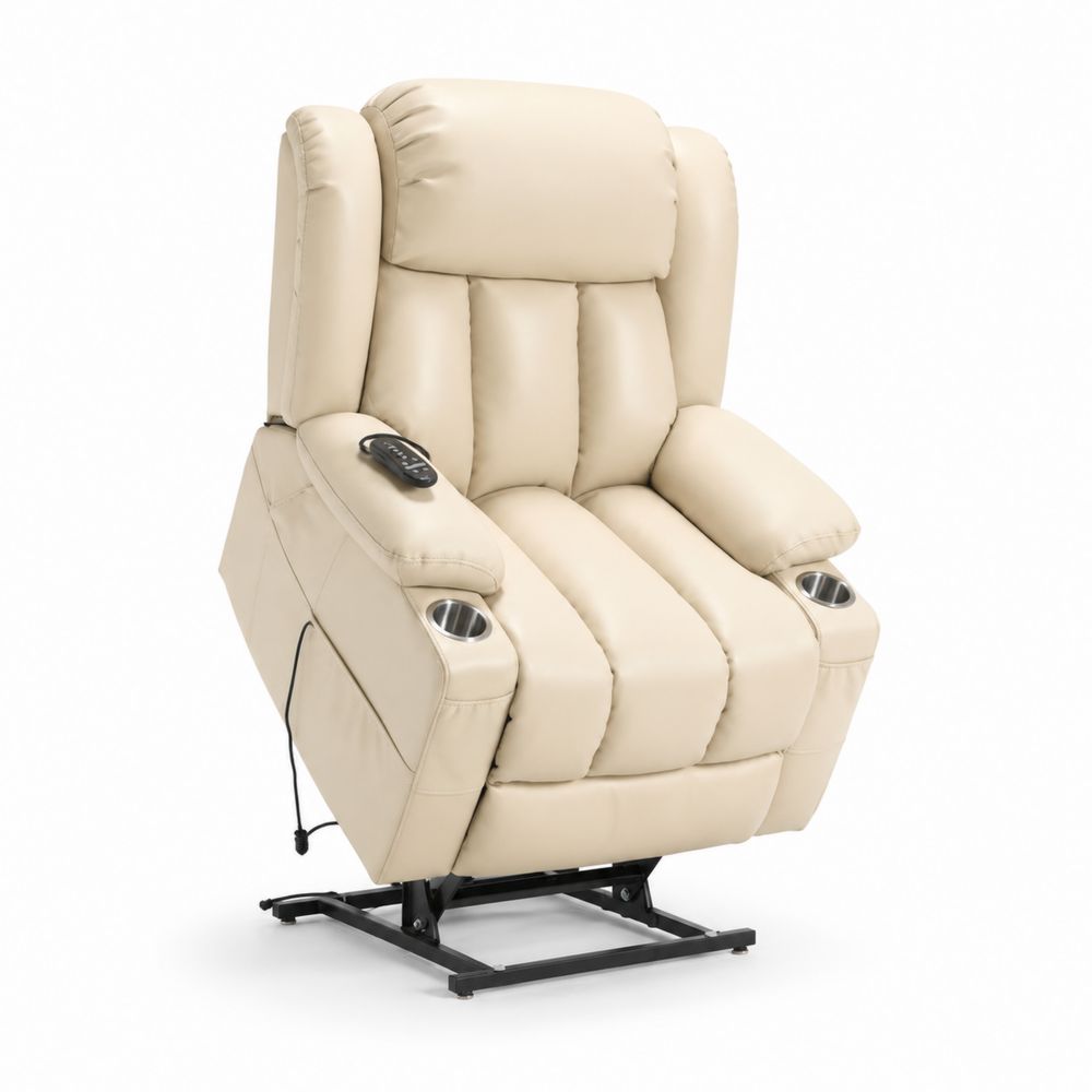 Sillón reclinable de cuero sintético beige con portavasos y control remoto