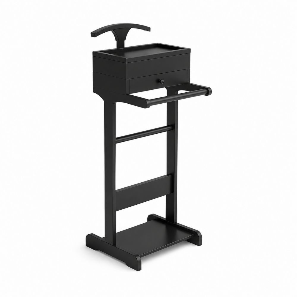 Valet de Madera Negro con Cajón y Riel para Ropa