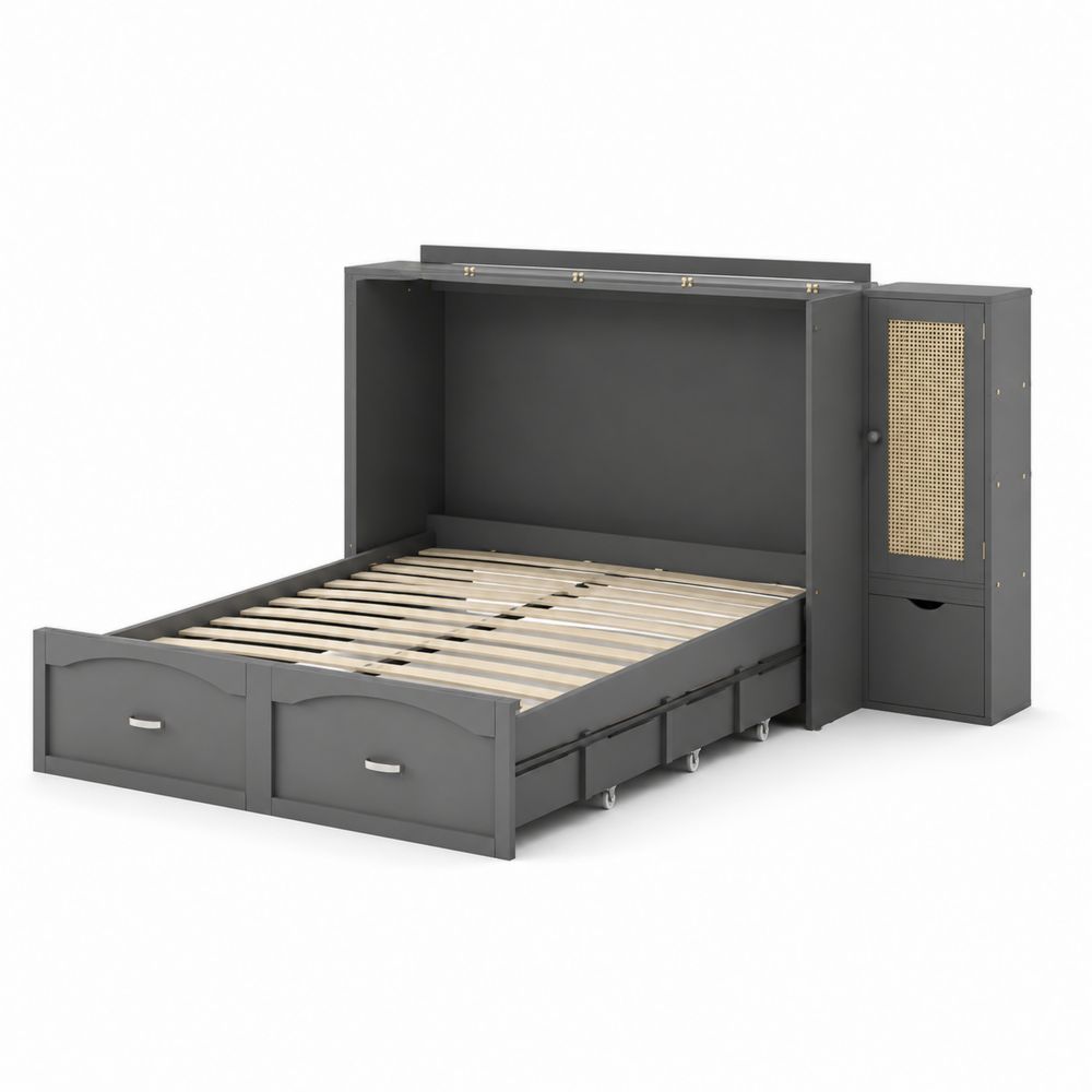 Cama plegable con armario lateral de madera gris