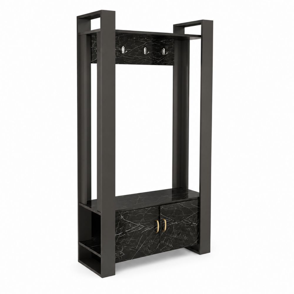Perchero de Entrada de Metal y MDF con Efecto Mármol Negro 180x90x35cm