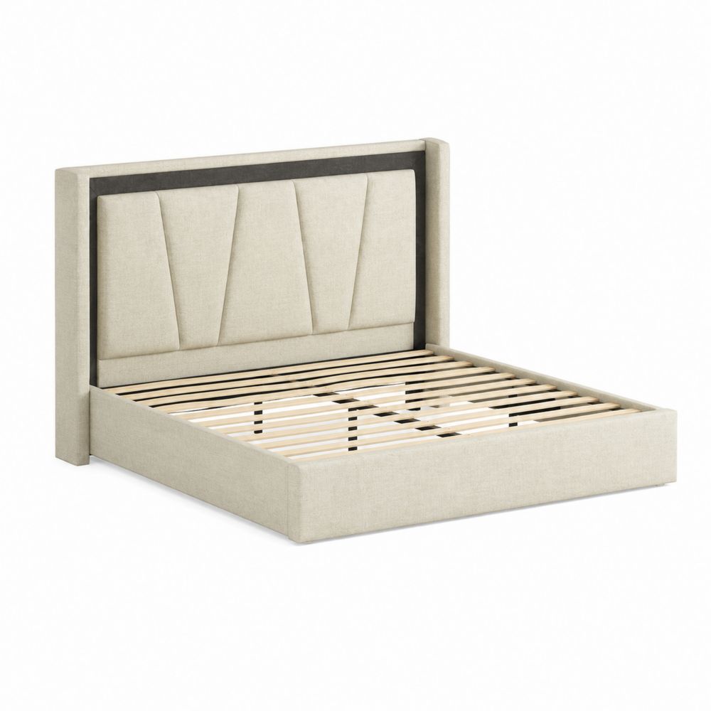 Cama tapizada con cabecero de madera y poliéster Beige 200x150 cm