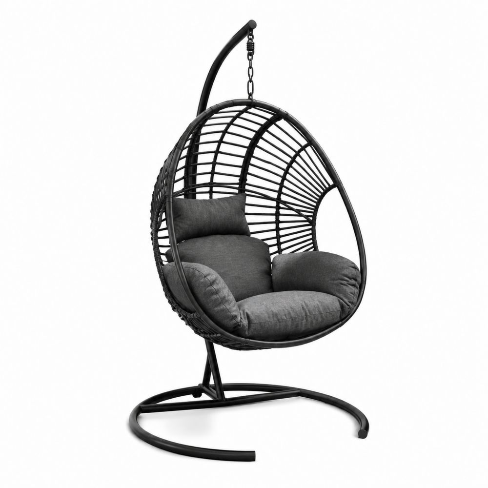 Silla columpio de exterior con estructura de acero y ratán sintético negro