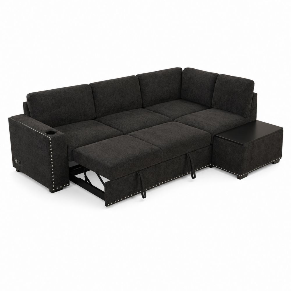 Sofá modular chaise longue en tela gris oscuro con almacenamiento