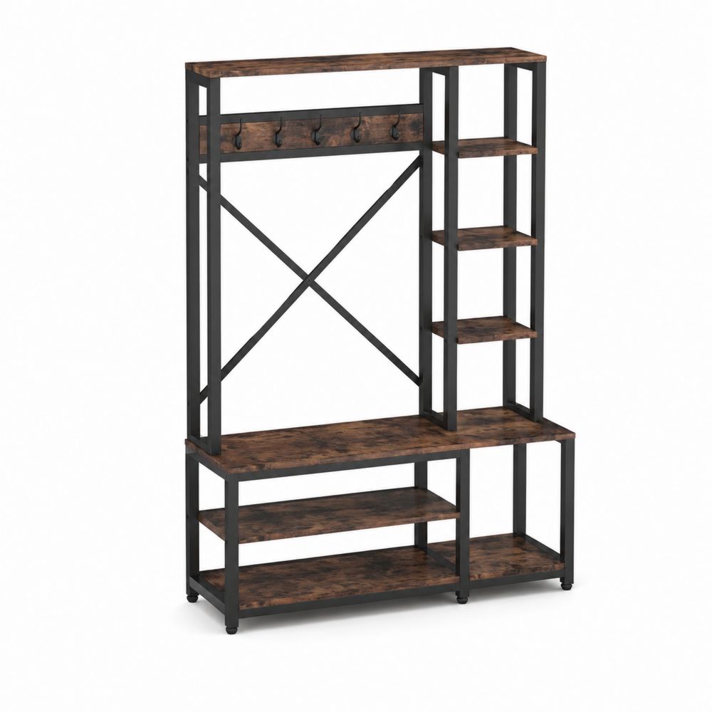 Perchero con estantería de madera y metal 180x120x35 cm Marrón/Negro