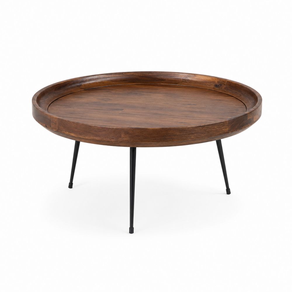 Mesa de centro redonda de madera de acacia con patas de metal