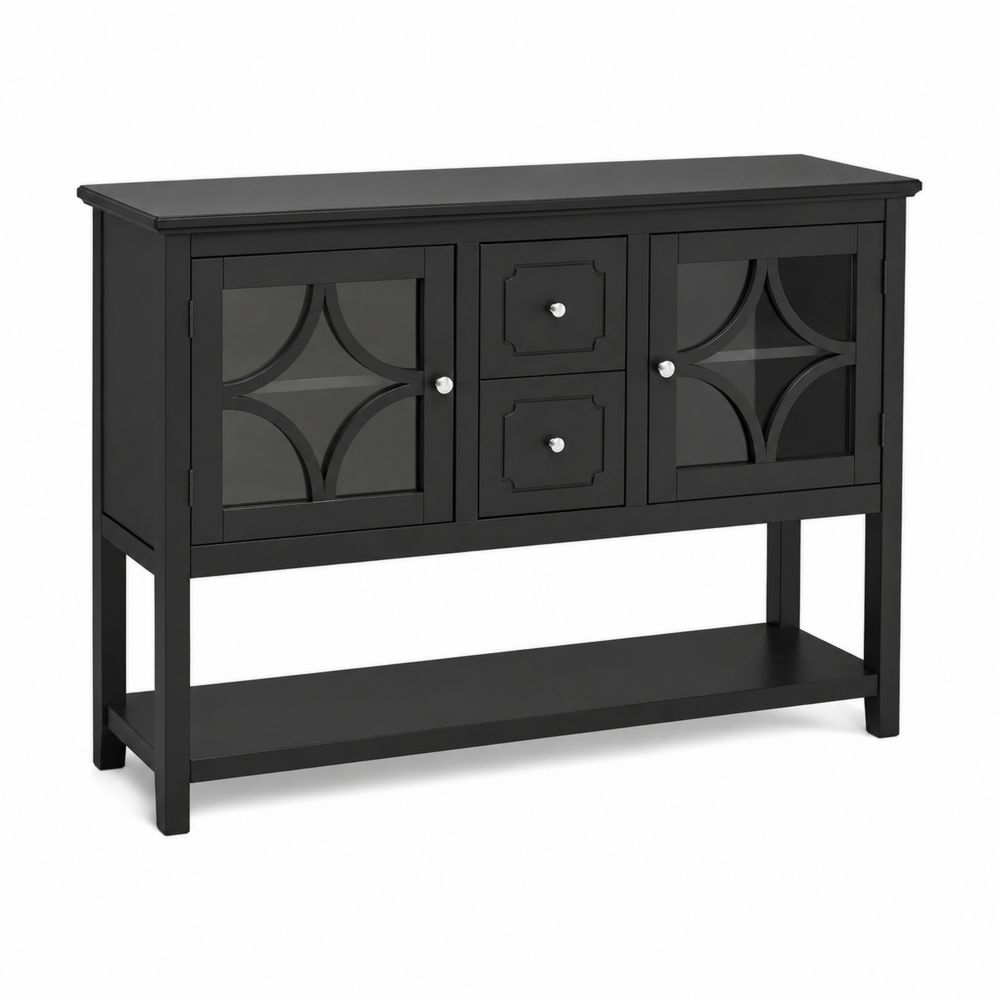 Aparador negro de MDF con puertas de vidrio templado