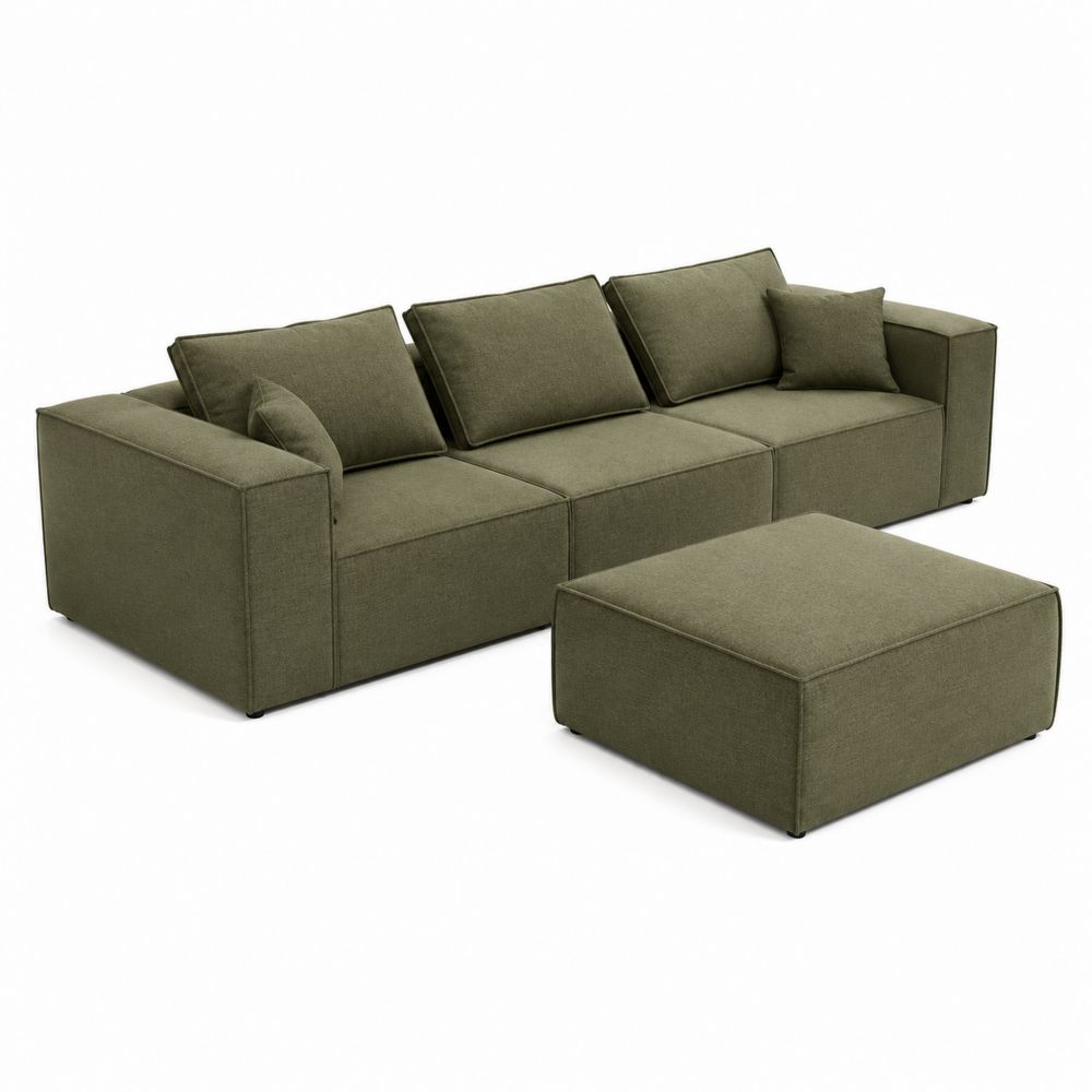Sofá modular en L de tela con otomana