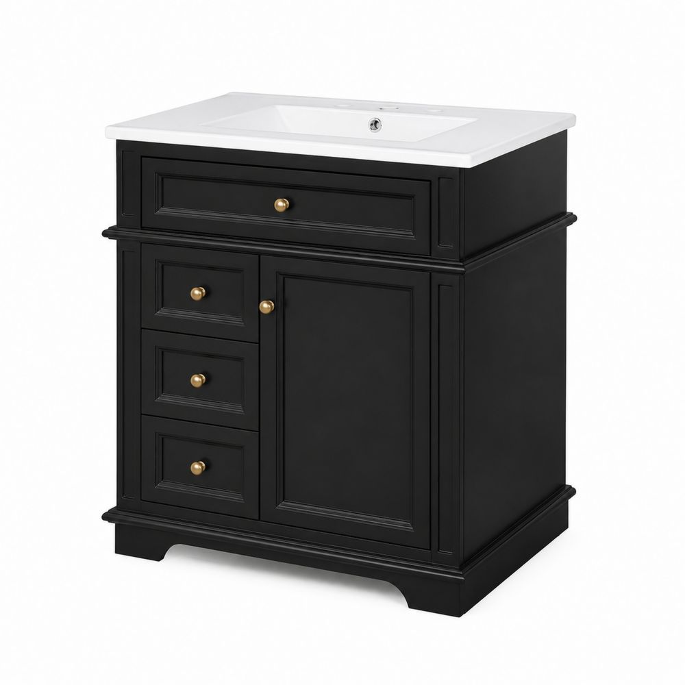 Mueble de baño de madera negra con lavabo cerámico
