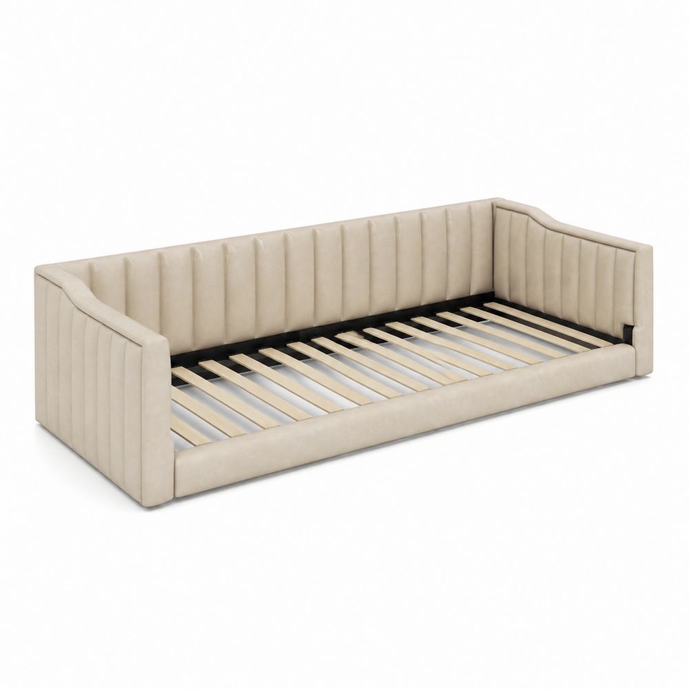 Diván de Madera con Tapizado de Cuero Sintético Beige