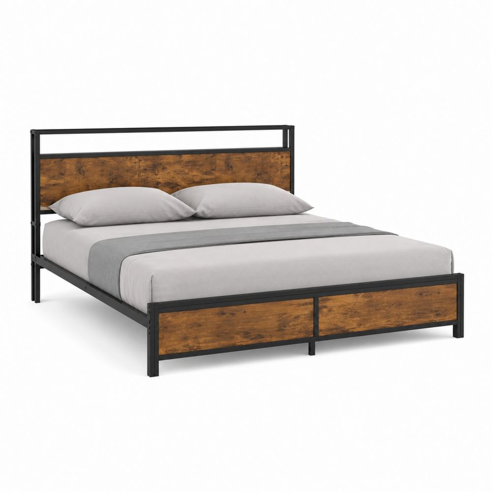 Cama doble de metal y madera contrachapada 200 x 150 cm Marrón/Negro