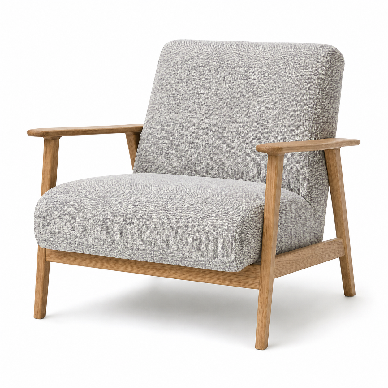Skandinavischer Sessel in Webstoff Hellgrau mit sichtbaren Eichenarmlehnen 74 x 82 x 85 cm
