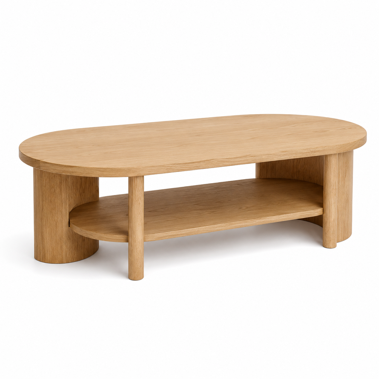 Japandi Couchtisch in Eiche Natur oval mit Ablageboden 110 x 60 x 40 cm