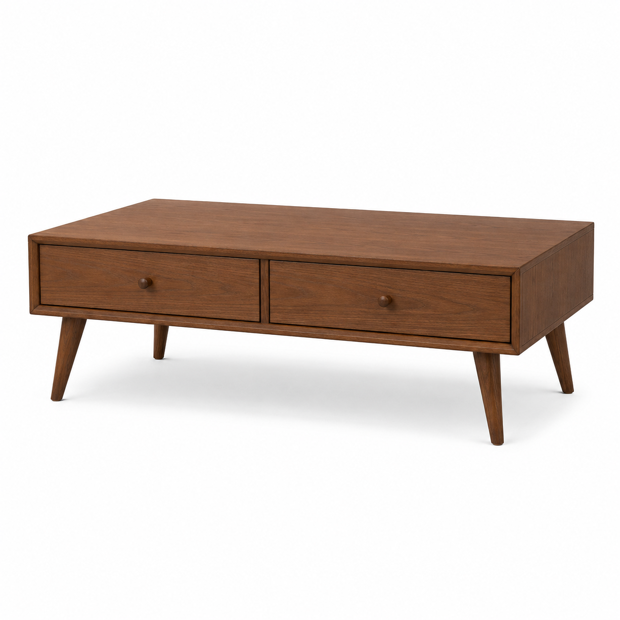 Mid-Century Couchtisch in Nussbaum mit zwei Schubladen 120 x 60 x 42 cm