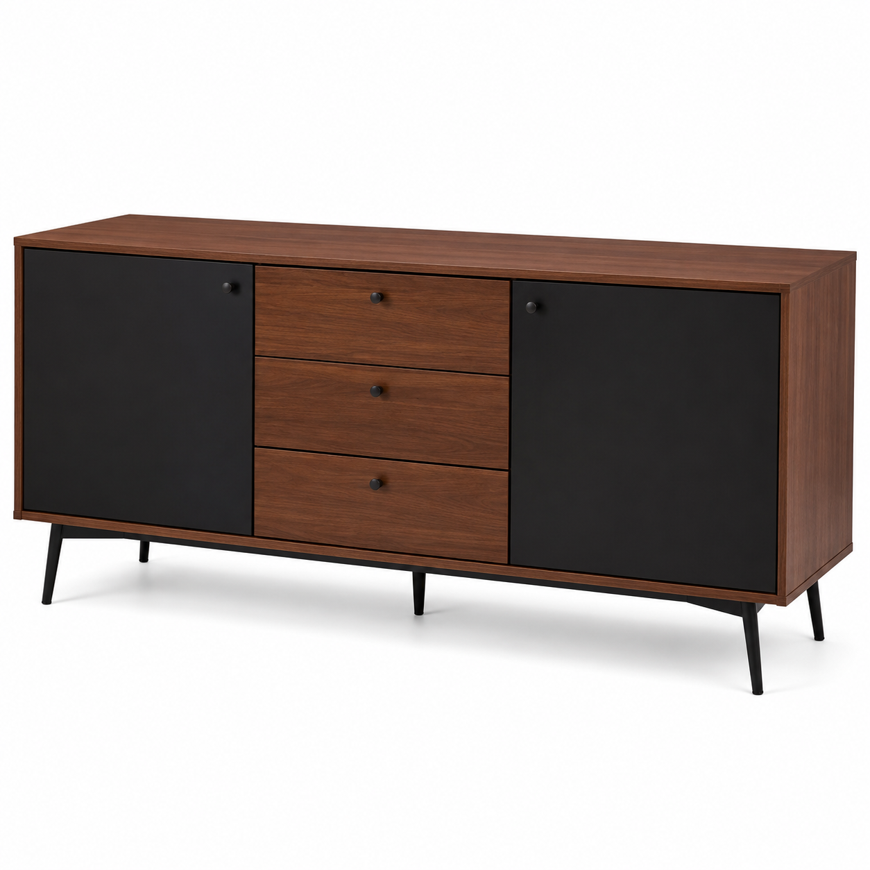Mid-Century Sideboard in Nussbaum und Schwarz mit drei Schubladen 170 x 43 x 82 cm