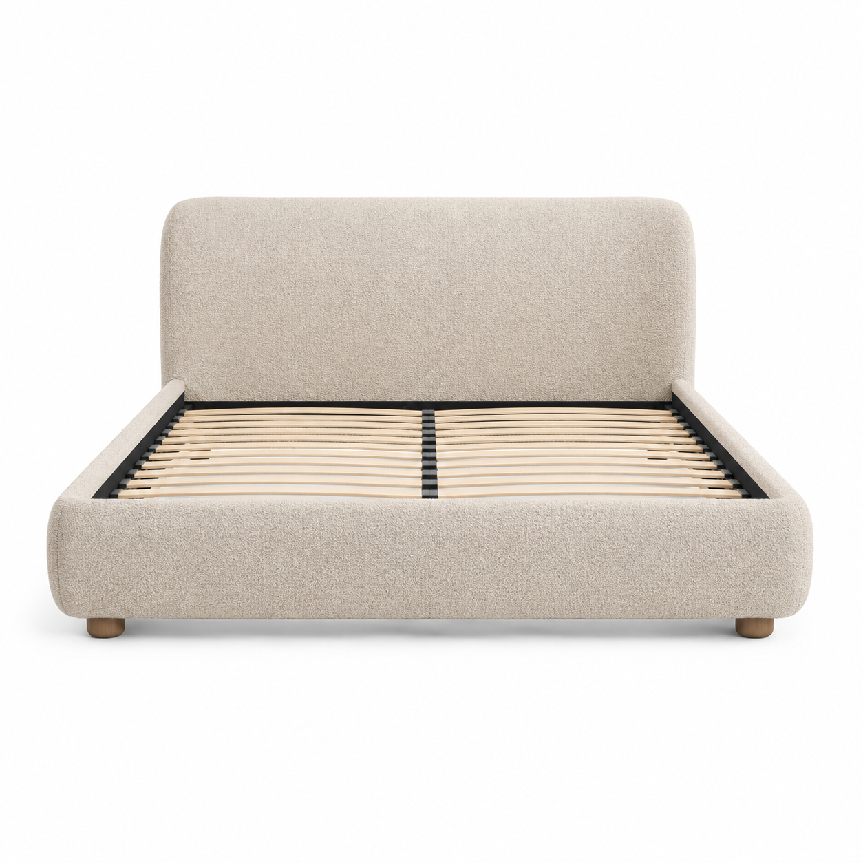 Japandi Polsterbett in Bouclé Sandbeige mit weichem Kopfteil 160 x 200 cm