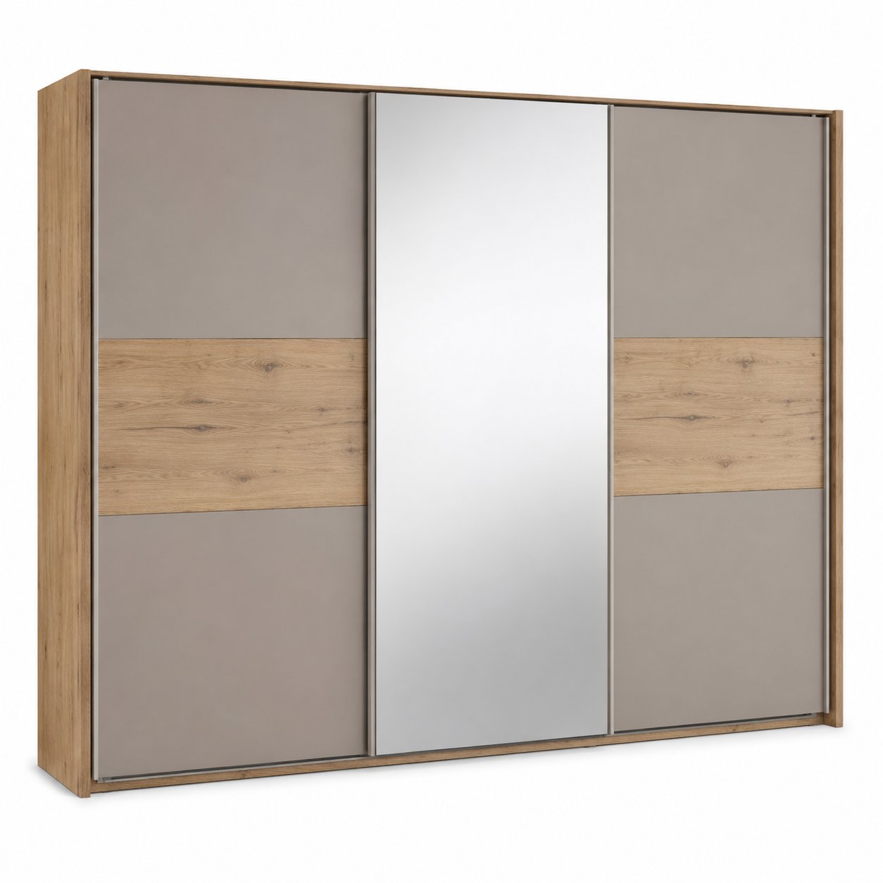 Großer Schwebetürenschrank in Greige und Eiche mit Mittelspiegel 250 x 65 x 220 cm