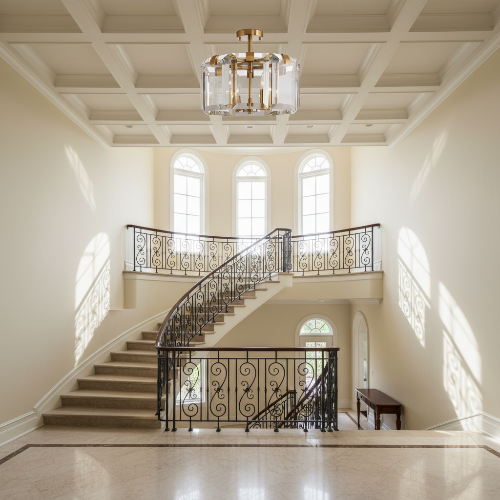 Luster Gaze Radiant Prism 4-Light Flushmount - dramatic American stairwell with soaring ceiling