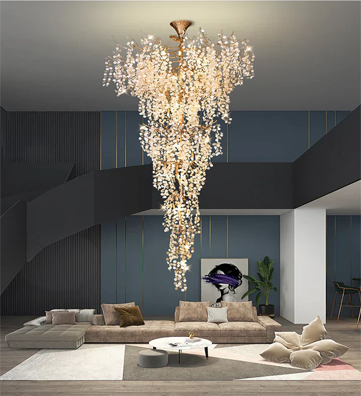 Modern Unique Artistic Flower Brass Branch Semi-flush Mount Chandelier for Living Room/ Hallway/ Entryway/ Staircase - Zelnolighting