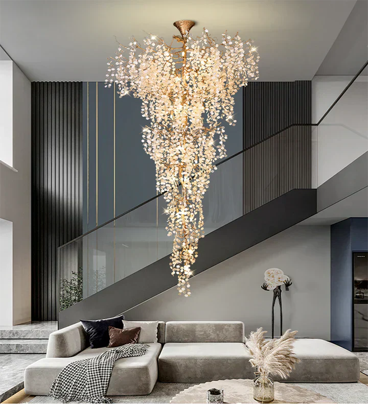 Modern Unique Artistic Flower Brass Branch Semi-flush Mount Chandelier for Living Room/ Hallway/ Entryway/ Staircase - Zelnolighting