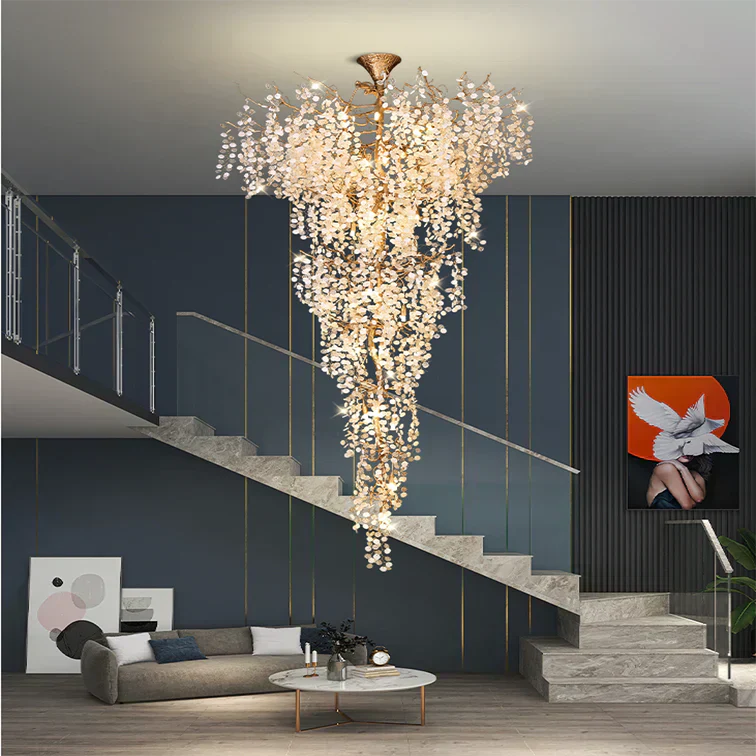 Modern Unique Artistic Flower Brass Branch Semi-flush Mount Chandelier for Living Room/ Hallway/ Entryway/ Staircase - Zelnolighting