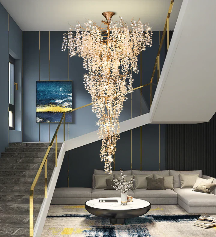 Modern Unique Artistic Flower Brass Branch Semi-flush Mount Chandelier for Living Room/ Hallway/ Entryway/ Staircase - Zelnolighting