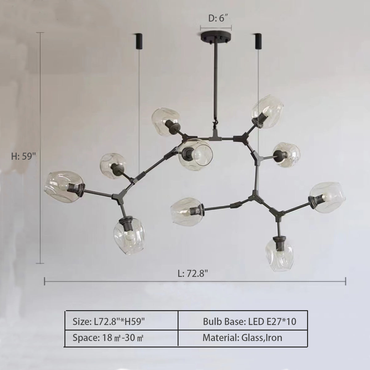 Modern Industrial Branch Chandelier with Multiple Glass Pendants Extra Large for Living or Dining Room - Zelnolighting