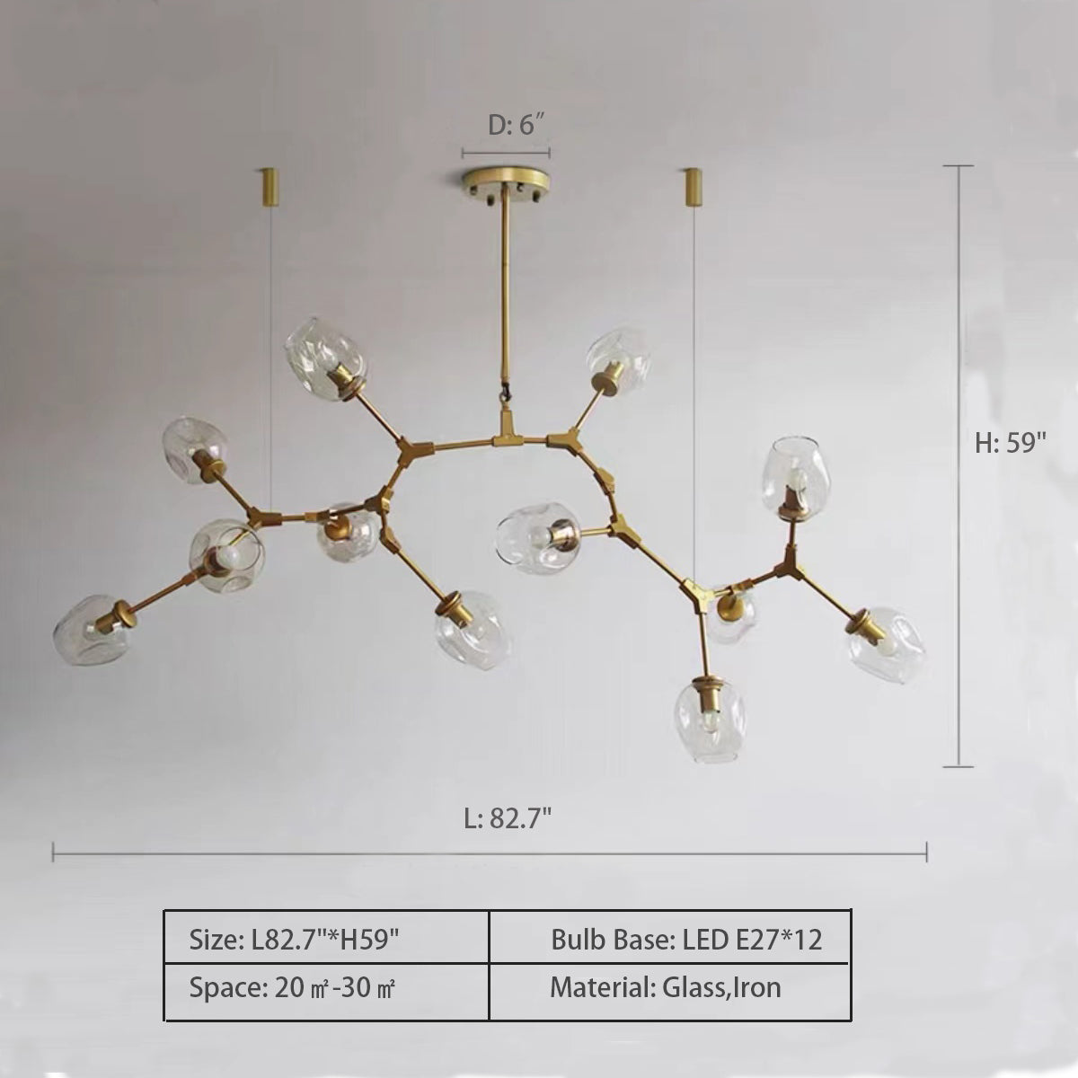 Modern Industrial Branch Chandelier with Multiple Glass Pendants Extra Large for Living or Dining Room - Zelnolighting