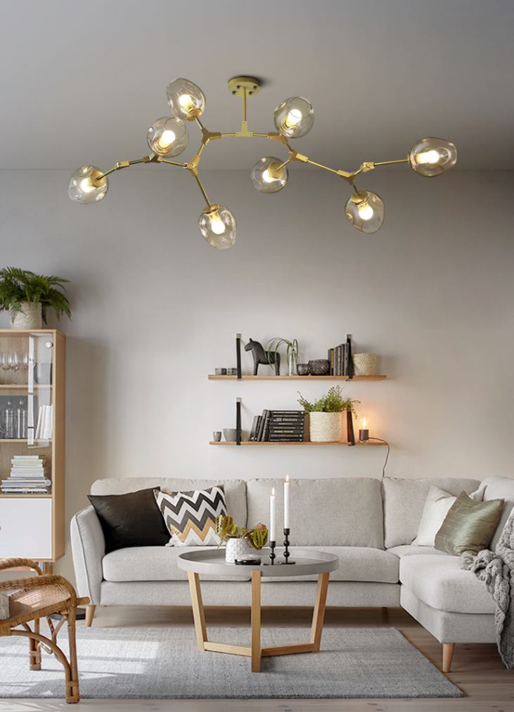 Modern Industrial Branch Chandelier with Multiple Glass Pendants Extra Large for Living or Dining Room - Zelnolighting
