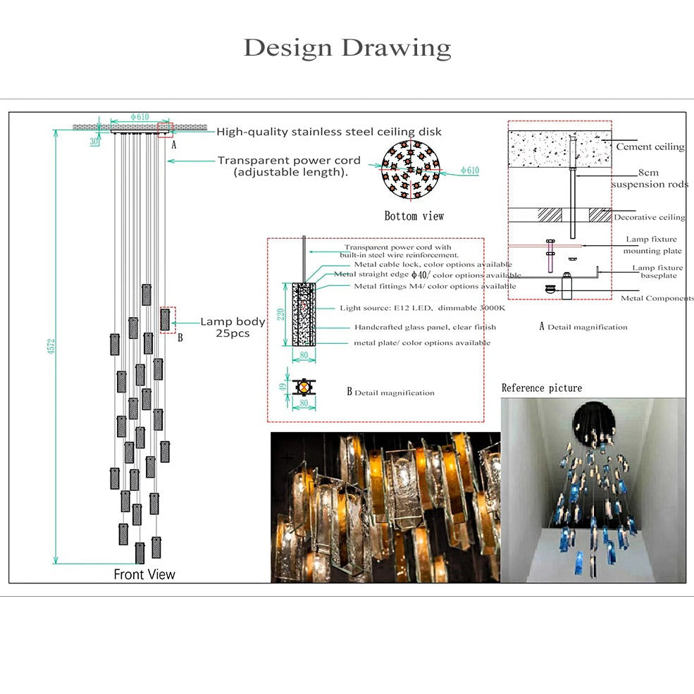 Art Design 1/25/60/84-Light Colorful Rectangle Cluster Glass Tile Pendant/Chandelier - Zelnolighting