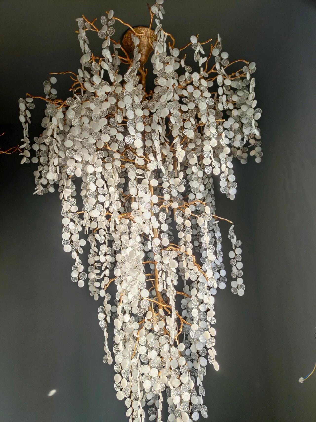 Modern Unique Artistic Flower Brass Branch Semi-flush Mount Chandelier for Living Room/ Hallway/ Entryway/ Staircase - Zelnolighting