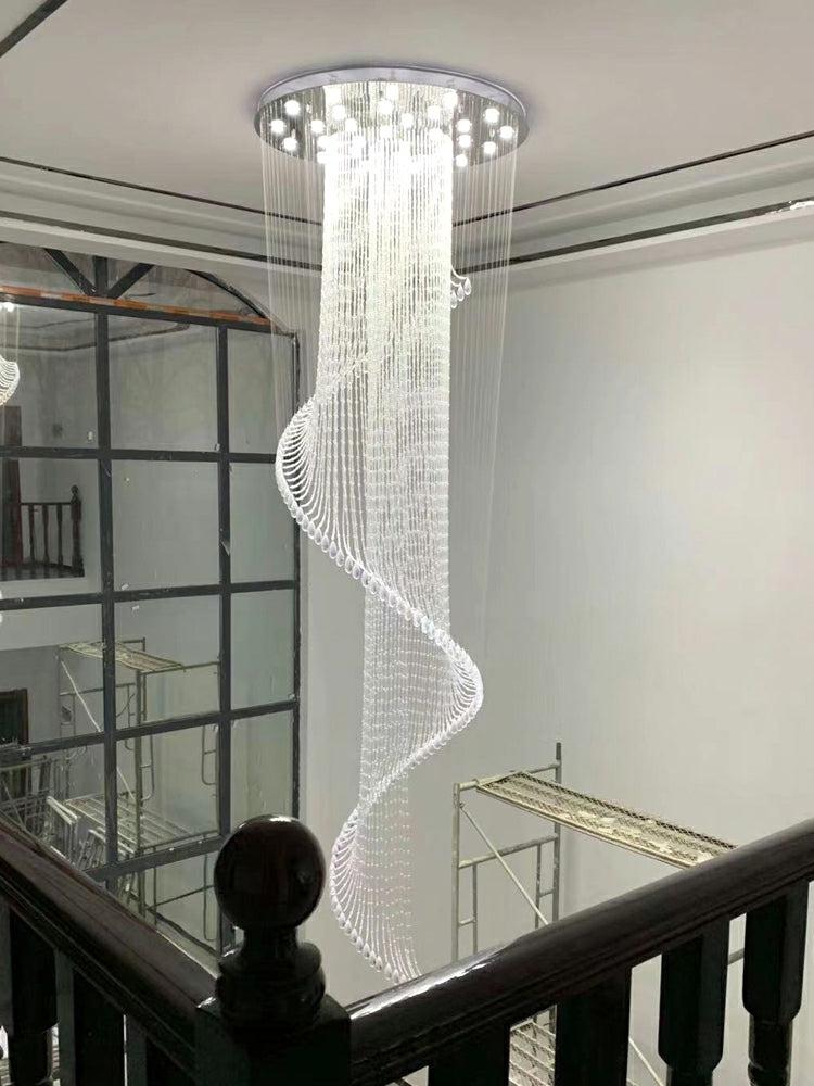 Flush Mounted Spiral Crystal Drops Chandelier Round LED Ceiling Lighting Fixture For Foyer Staircase/ Hotel Entrance - Zelnolighting