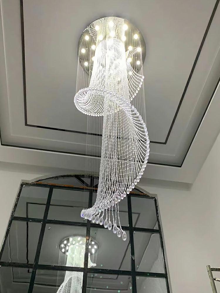 Flush Mounted Spiral Crystal Drops Chandelier Round LED Ceiling Lighting Fixture For Foyer Staircase/ Hotel Entrance - Zelnolighting