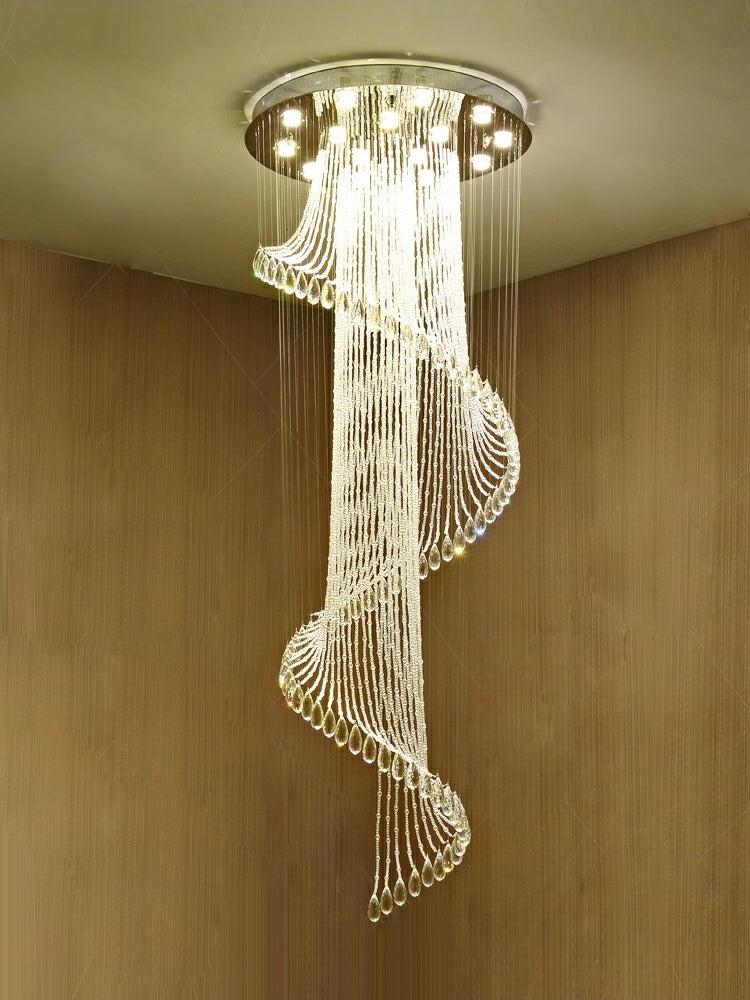 Flush Mounted Spiral Crystal Drops Chandelier Round LED Ceiling Lighting Fixture For Foyer Staircase/ Hotel Entrance - Zelnolighting