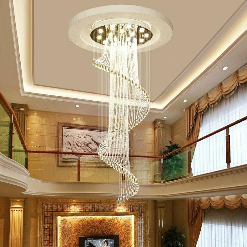 Flush Mounted Spiral Crystal Drops Chandelier Round LED Ceiling Lighting Fixture For Foyer Staircase/ Hotel Entrance - Zelnolighting