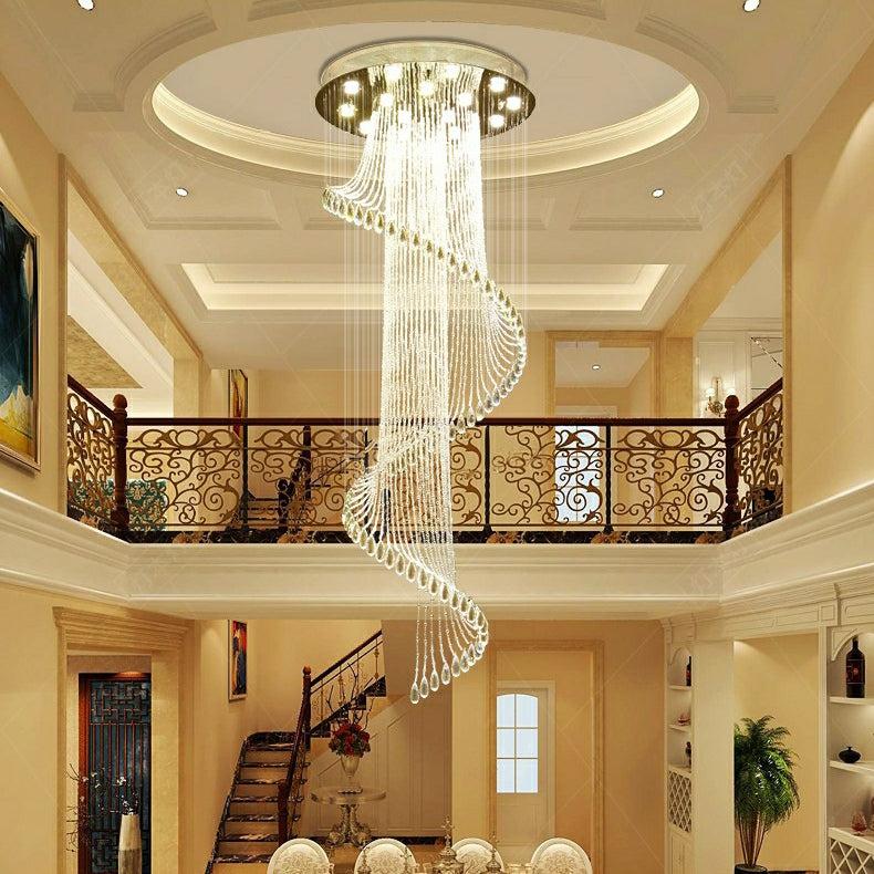 Flush Mounted Spiral Crystal Drops Chandelier Round LED Ceiling Lighting Fixture For Foyer Staircase/ Hotel Entrance - Zelnolighting