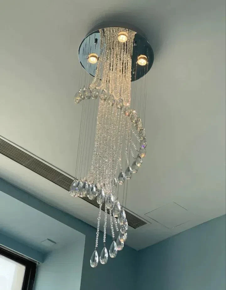 Flush Mounted Spiral Crystal Drops Chandelier Round LED Ceiling Lighting Fixture For Foyer Staircase/ Hotel Entrance - Zelnolighting