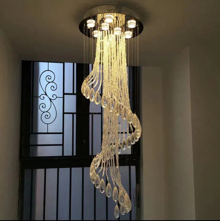 Flush Mounted Spiral Crystal Drops Chandelier Round LED Ceiling Lighting Fixture For Foyer Staircase/ Hotel Entrance - Zelnolighting
