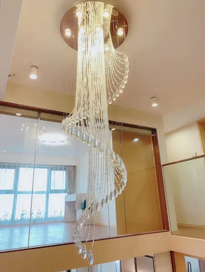 Flush Mounted Spiral Crystal Drops Chandelier Round LED Ceiling Lighting Fixture For Foyer Staircase/ Hotel Entrance - Zelnolighting