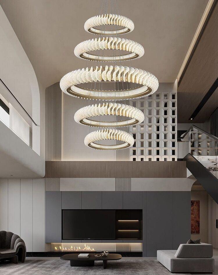 Extra Large Multi-layers Rings Crystal Chandelier Modern Art Waves Creative Pendant Light For High-ciling Foyer/Hallway/Staircase - Zelnolighting