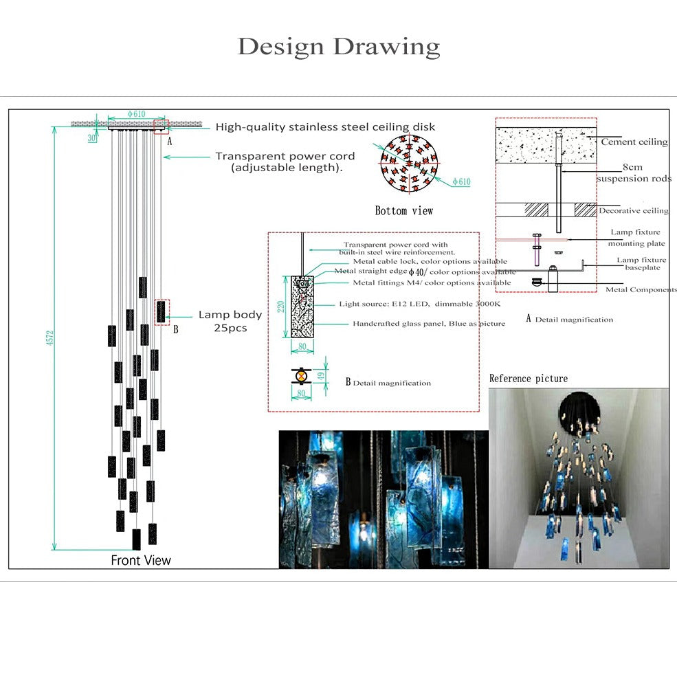 Art Design 1/25/60/84-Light Colorful Rectangle Cluster Glass Tile Pendant/Chandelier - Zelnolighting