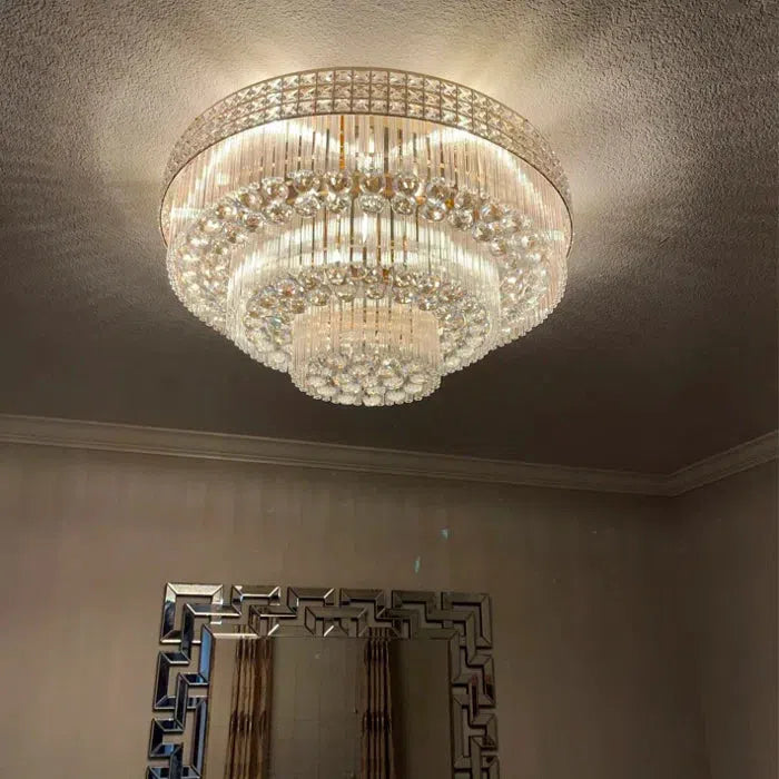 Extra Large Three Layers Round Luxury Flush Mounted Crystal Chandelier for Living Room - Zelnolighting